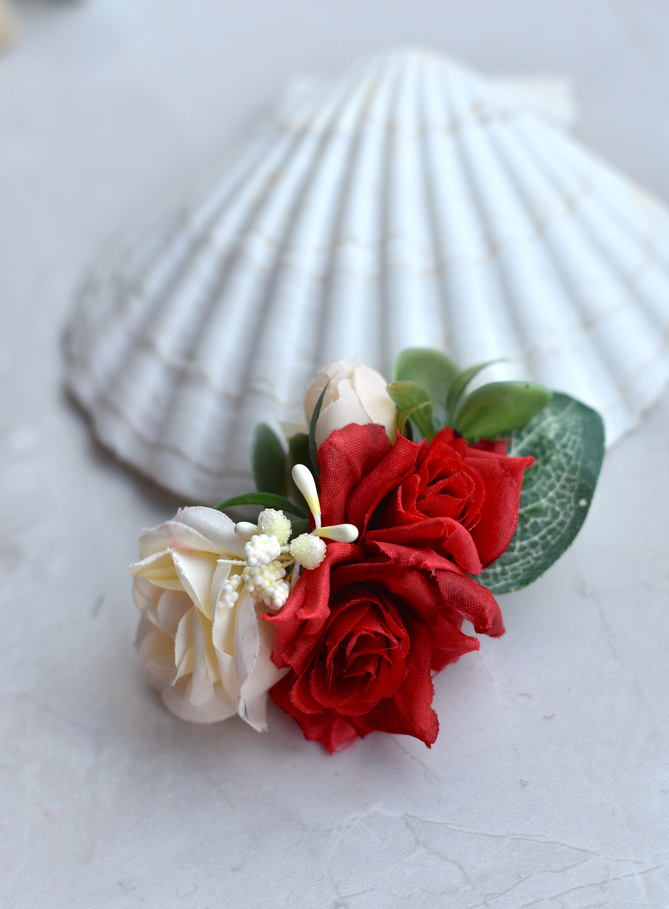 Silk Flower Hair Clip in Red and Ivory Roses