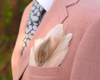 Ivory and Blush Pink Feather Pocket Square No.146