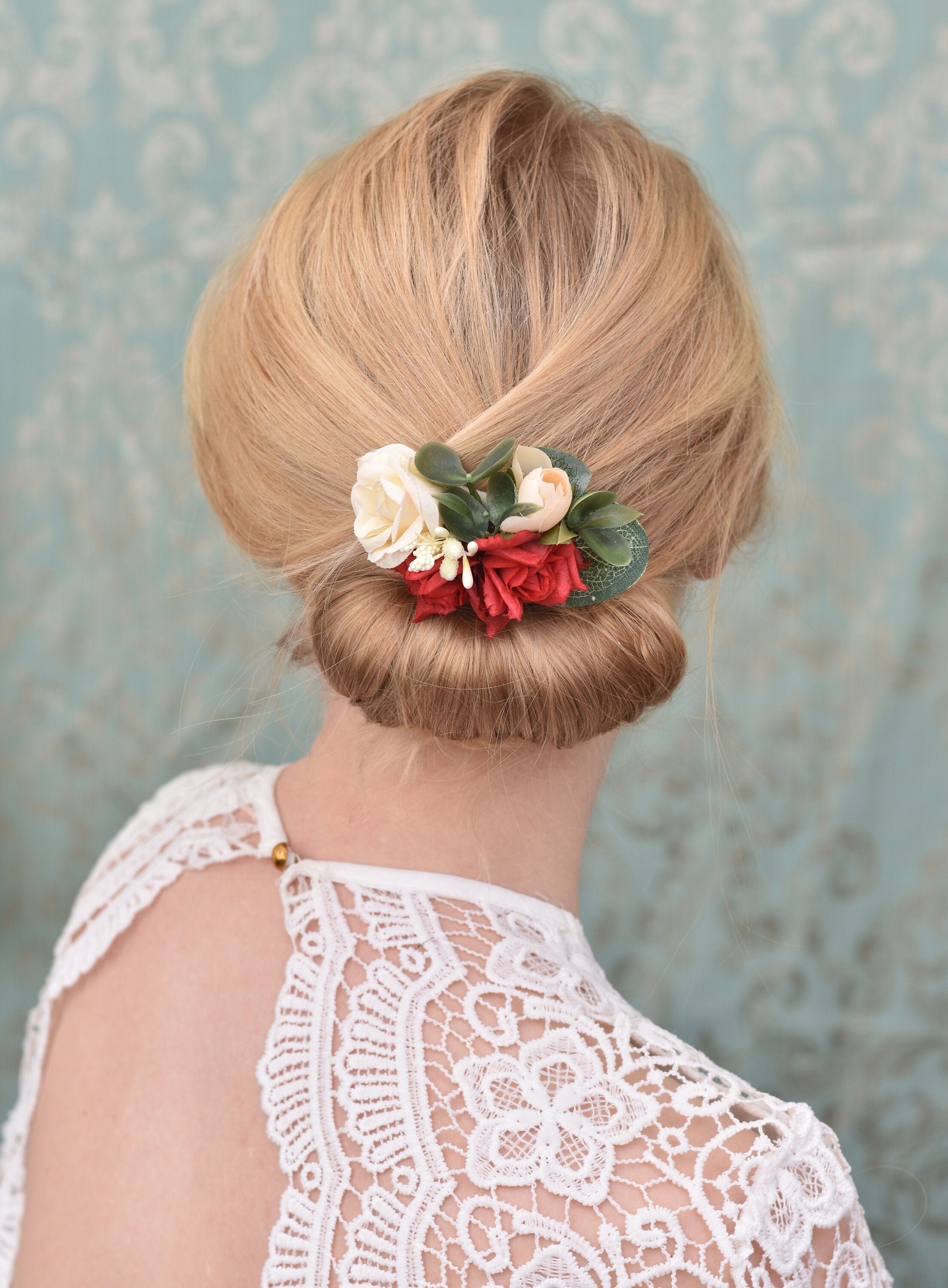 Silk Flower Hair Clip in Red and Ivory Roses