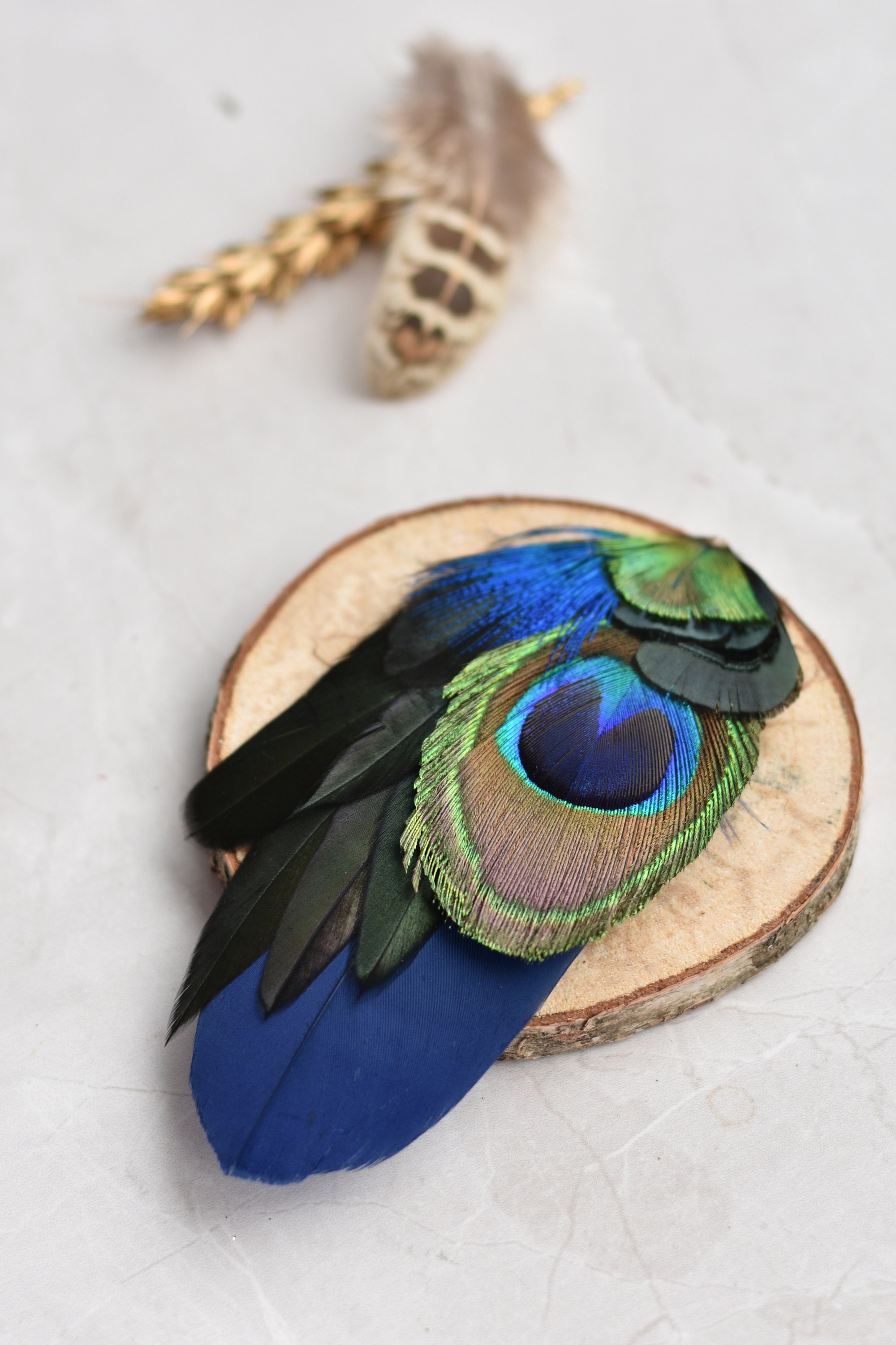 Peacock Feather Lapel Pin with Navy Blue, Turquoise, Gold and Green