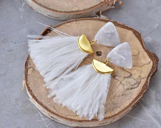 White Acetate and Ostrich Feather Tassel Earrings