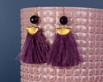 Plum Flat Ostrich Feather Tassel Earrings