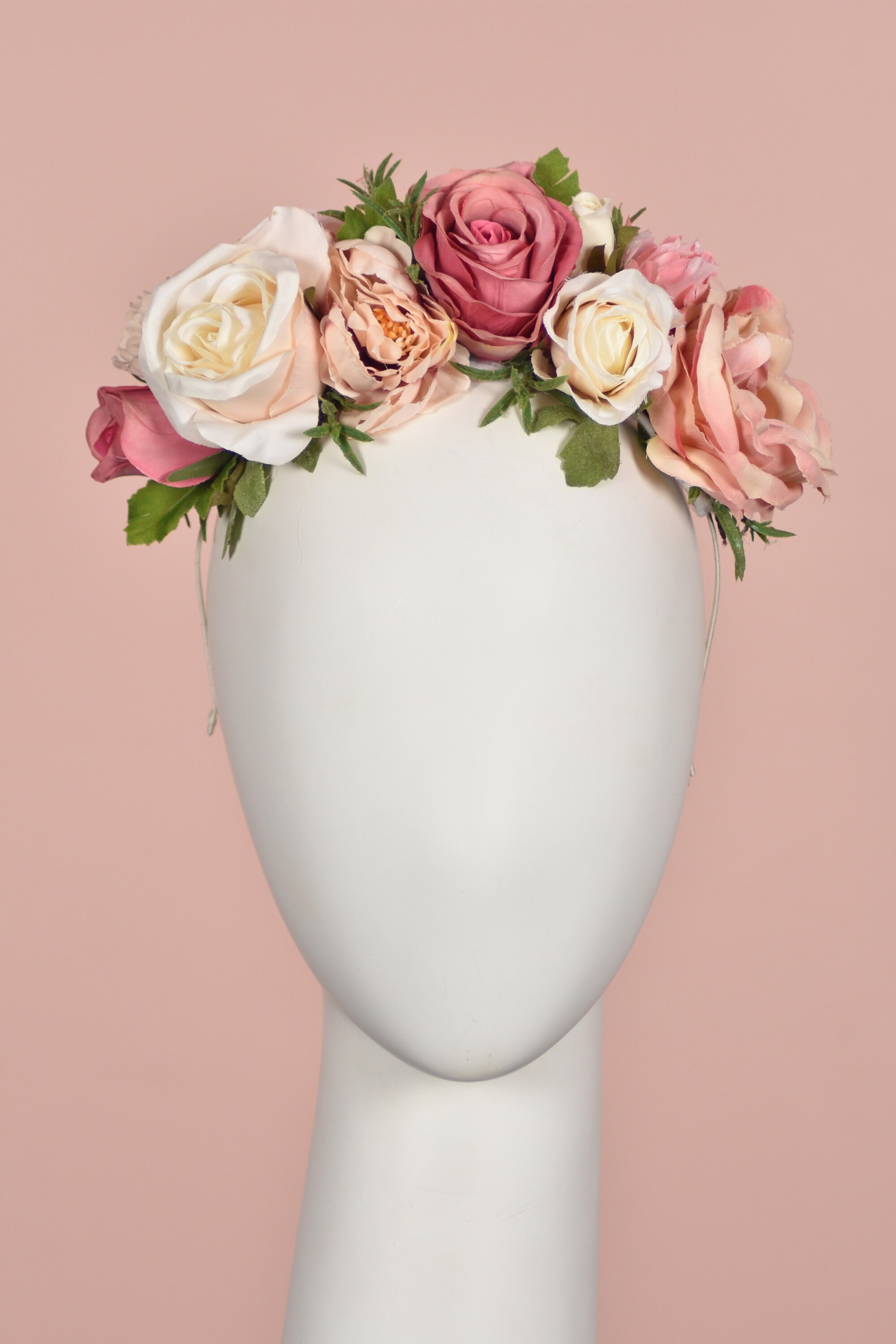 Rose Flower Crown Headpiece in Vintage Pink, Blush and Ivory