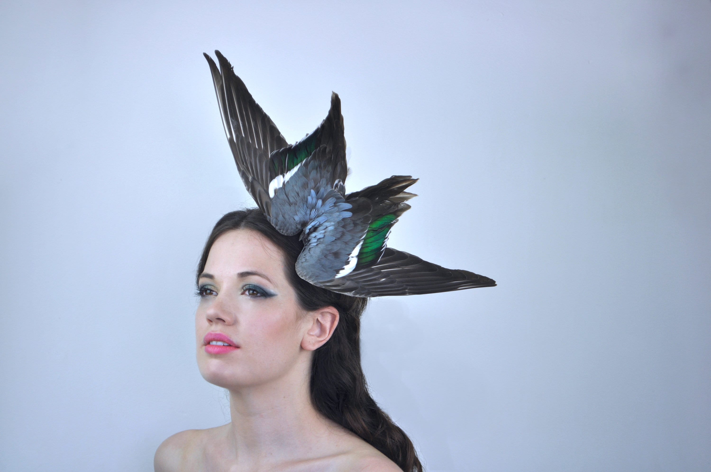 Diving Bird Wing Feather Headpiece in Teal and Soft Grey Blue Wing