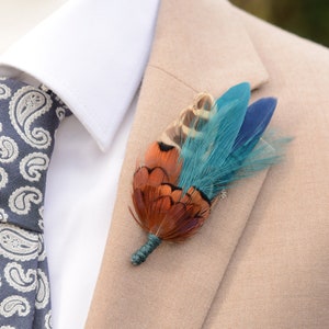 Navy Blue and Teal Pheasant Feather Lapel Pin Feather Boutonniere Duck Feather Brooch image 2