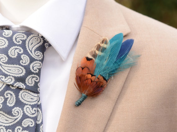 Buy Navy Blue and Teal Pheasant Feather Pin | Feather Boutonniere  