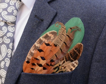 Green and Copper Pheasant Feather Pocket Square No.197