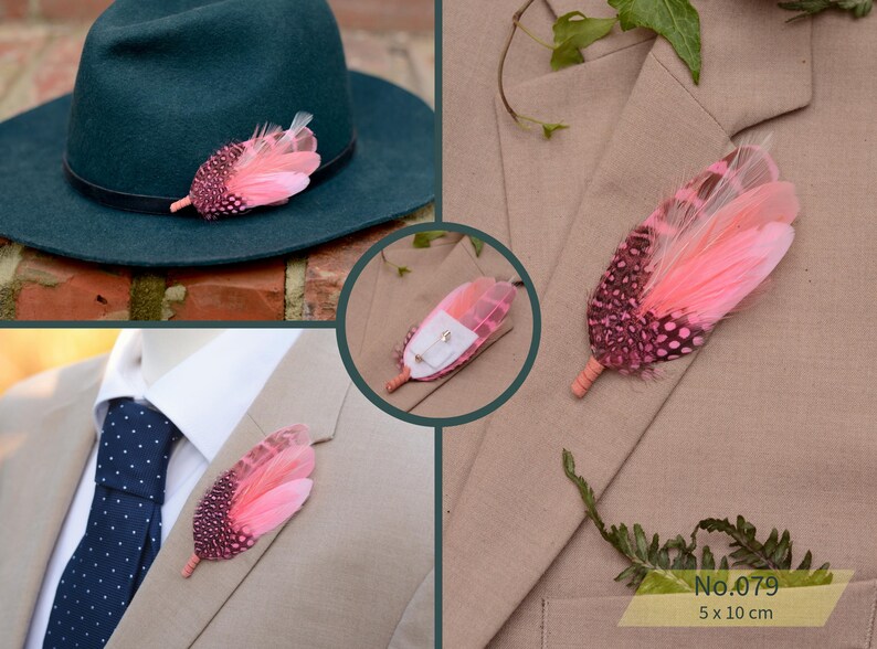 Bright Pink Feather Brooch Hat Pin - Wedding Boutonniere - Grooms Buttonhole No.079