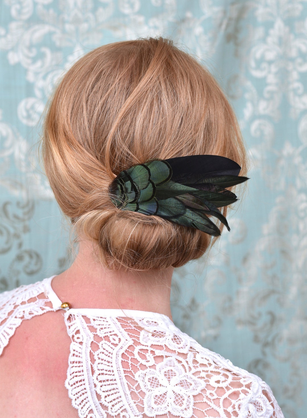 Black and Green Feather Hair Clip Black Feather Fascinator Bridal Hair