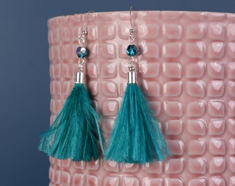 Teal Turquoise Ostrich Feather Tassel Long Earrings