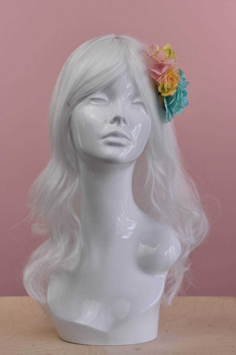 Roses Flower Hair Clip Fascinator in Pastel Mint Festival Hair Clip Flower Headpiece Pink and Yellow Floral Hair Clip