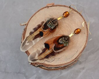 Pheasant Feather Earrings with Amber Glass Bead