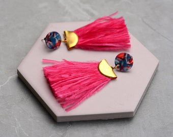 Statement Hot Pink and Blue Acetate and Ostrich Feather Tassel Earrings