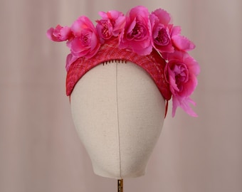 Tocado bandeau floral rosa y rojo