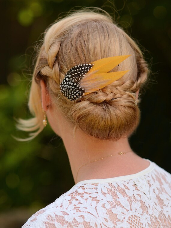 Yellow feather, clip fascinator (007) Golden Yellow Feather Hair Clip, Yellow Feather Fascinator  main image 2