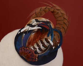 Pheasant and Duck Feather Fascinator in Navy Blue Velvet | Pheasant Feather Hat | Green Fascinator | Wedding Fascinator