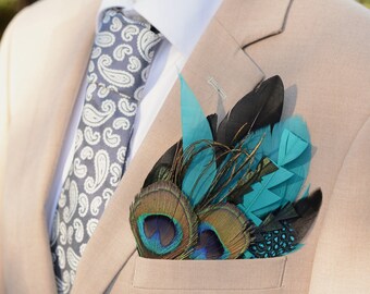 Teal, Green and Black Peacock Feather Pocket Square No.250