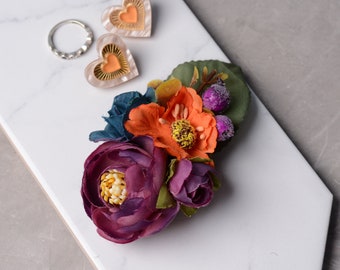 Flower Hair Clip in Plum Purple, Navy Blue and Burnt Orange