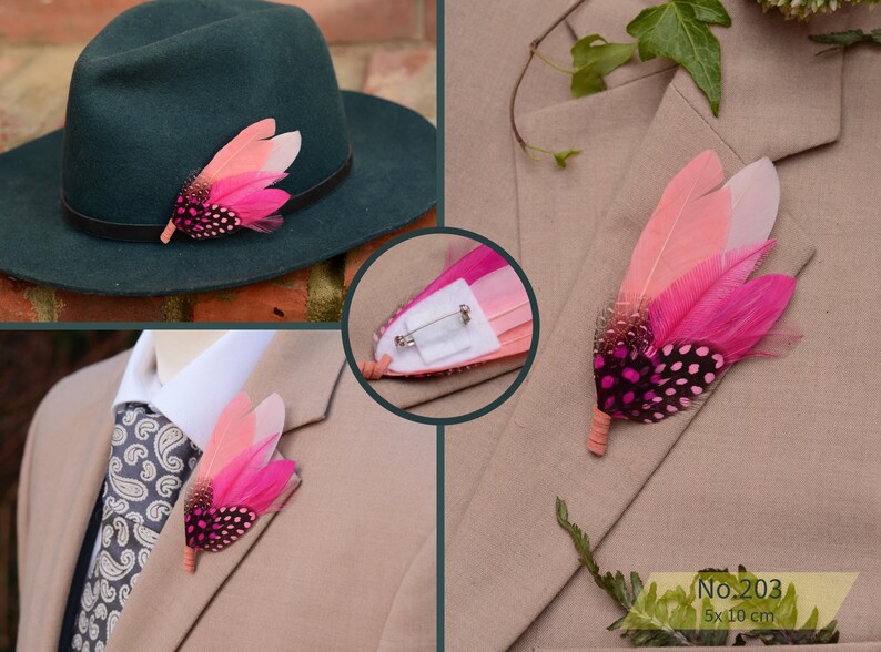 Bright Pink Feather Brooch Hat Pin - Wedding Boutonniere - Grooms Buttonhole No.203