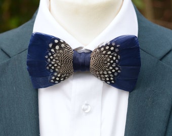 Feather Bow Tie in Navy Blue and Polka Dot