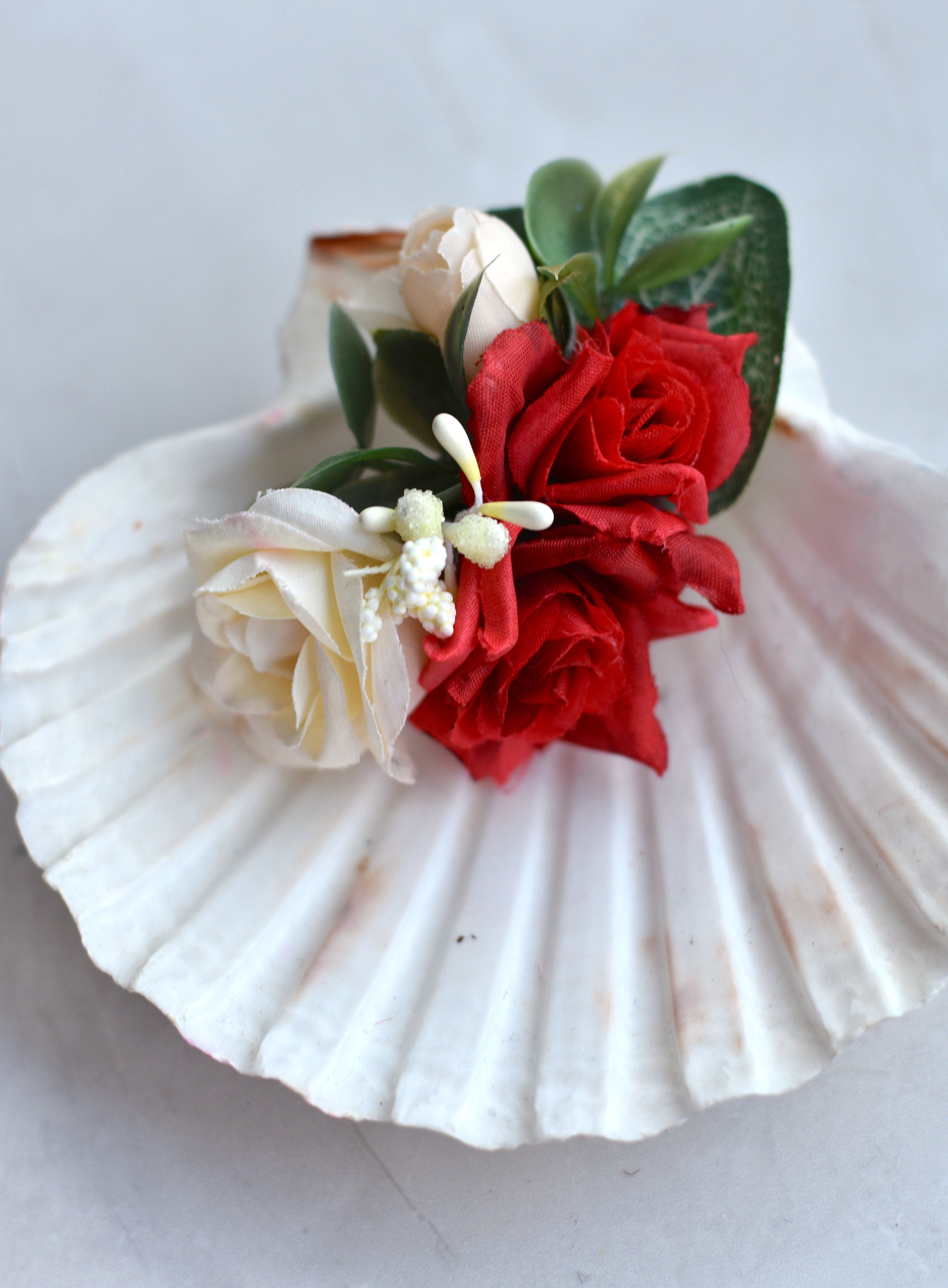 Silk Flower Hair Clip in Red and Ivory Roses
