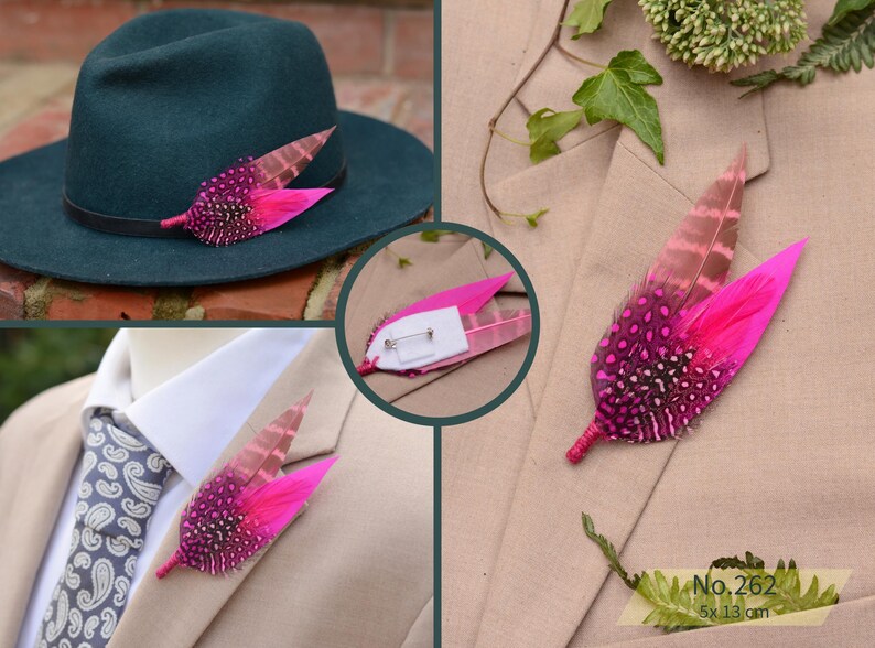 Bright Pink Feather Brooch Hat Pin - Wedding Boutonniere - Grooms Buttonhole No.262