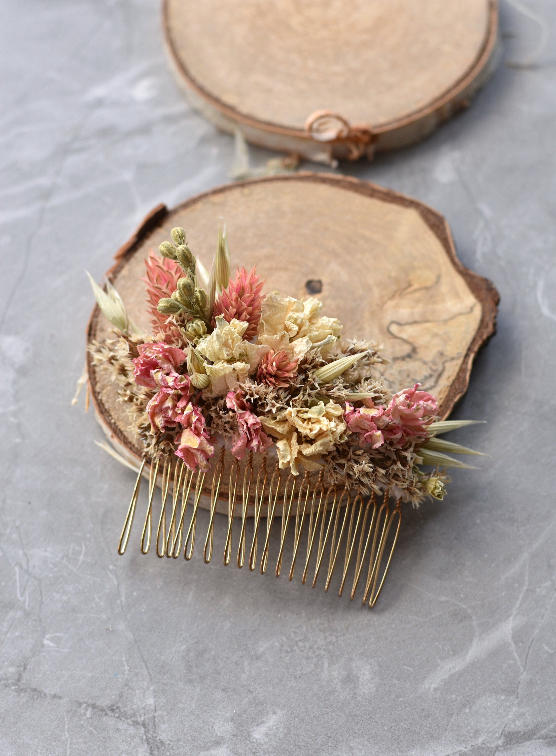 Dried Flower Hair Comb in Pink and Ivory Bridal Hair Comb Etsy