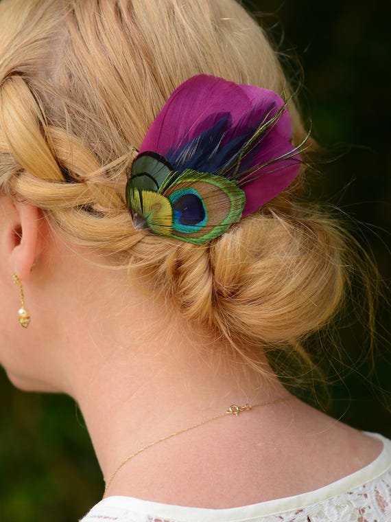 Fermaglio per capelli con piume blu pavone, per feste di