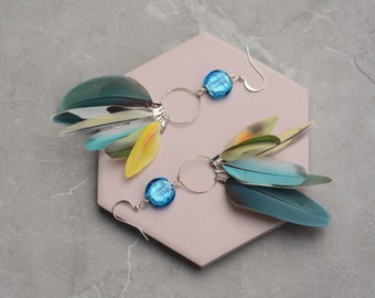 Bright Blue, Yellow and Green Tropical Parrot Feather Earrings  No.37