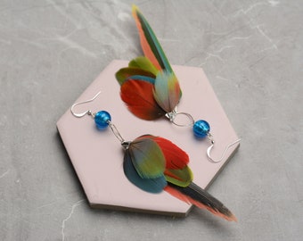 Bright Red, Orange, Green and Blue Tropical Feather Earrings  No.39
