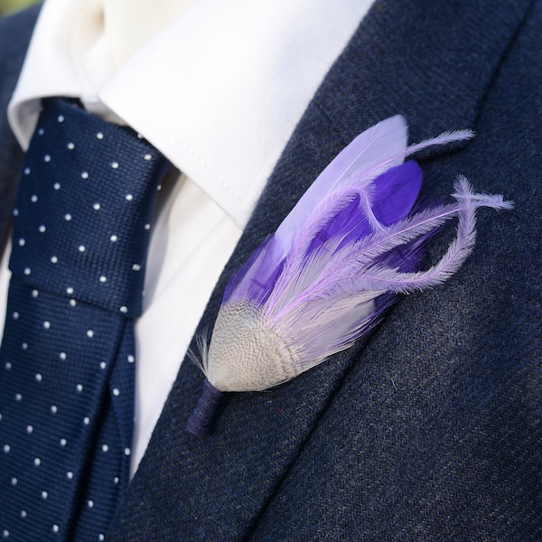 Lavender and Purple Feather Lapel Pin | Pheasant Feather Boutonniere |  Feather Brooch | Feather Hat Pin