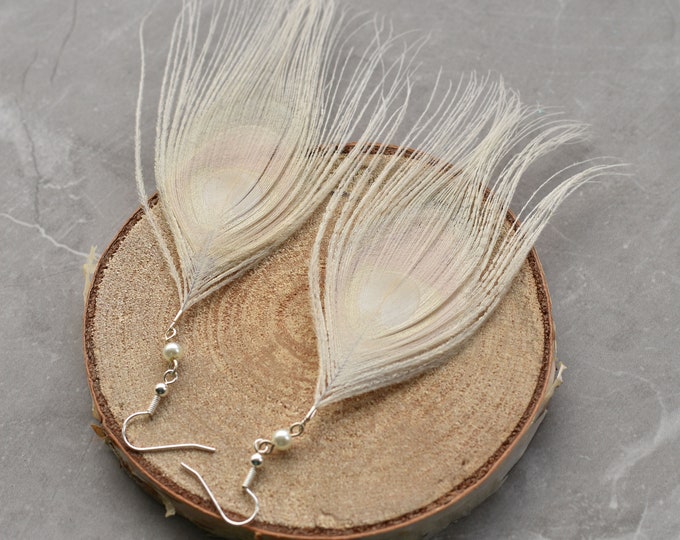 White Peacock Feather Earrings with Swarovski Pearls