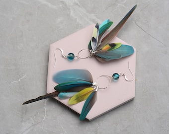 Bright Blue, Yellow and Green Tropical Parrot Feather Earrings  No.40