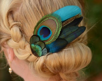 Peacock Feather Hair Clip in Teal - Wedding Fascinator