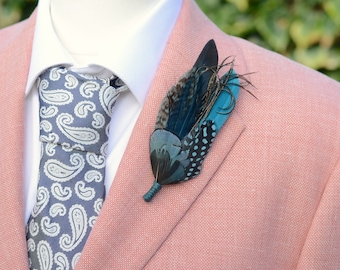 Green, Teal and Turquoise Feather Lapel Pin No.299