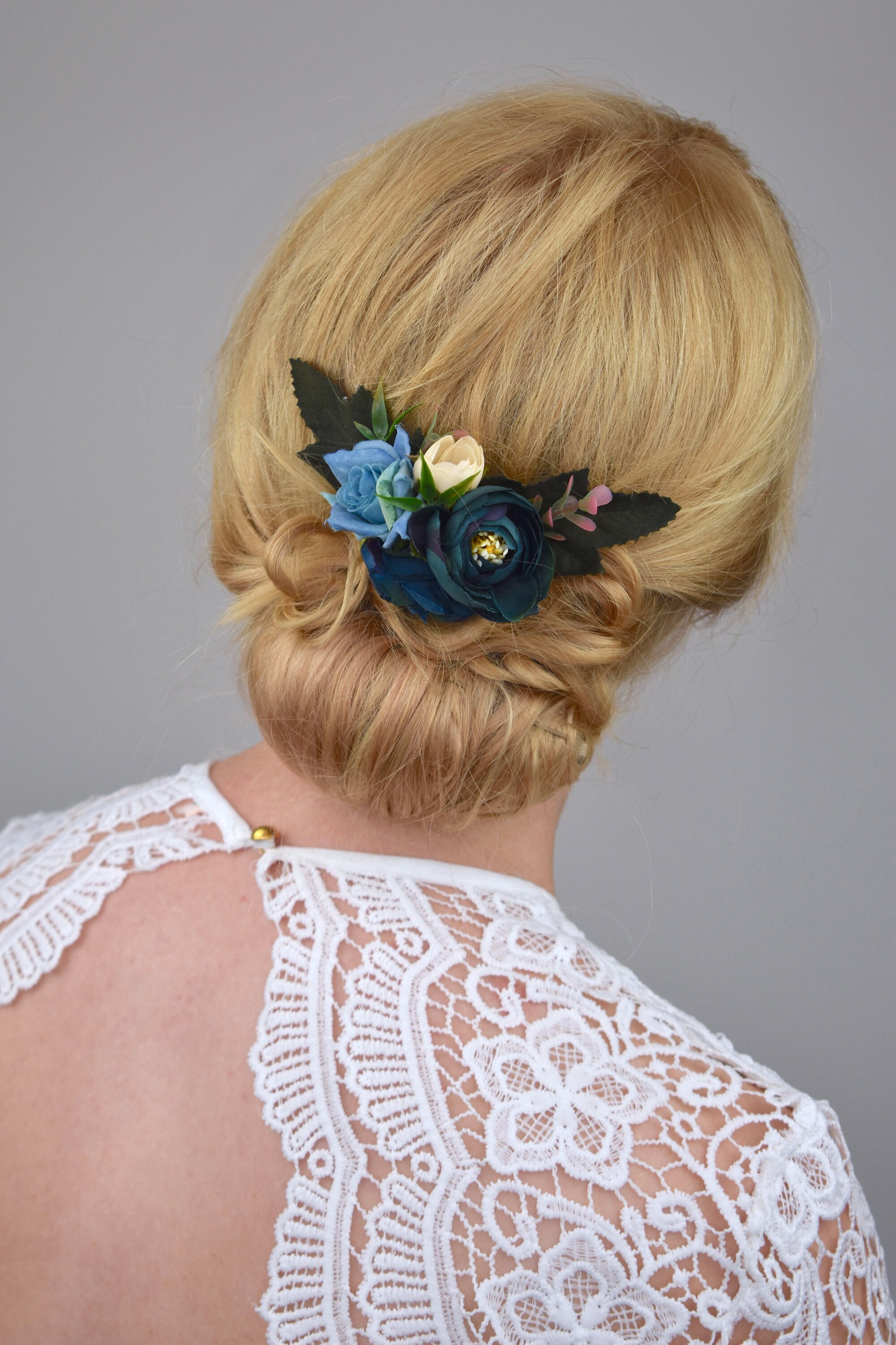 Silk Flower Hair Clip in Navy Blue Roses and Ranunculus