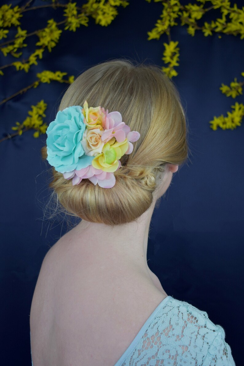 Roses Flower Hair Clip Fascinator in Pastel Mint Festival Hair Clip Flower Headpiece Pink and Yellow Floral Hair Clip