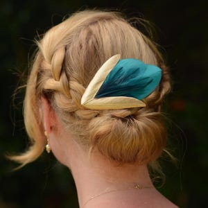Teal blue and Gold Fascinator with a velvet gold and teal floating bird Teal and Gold Fascinators - Etsy main image 4