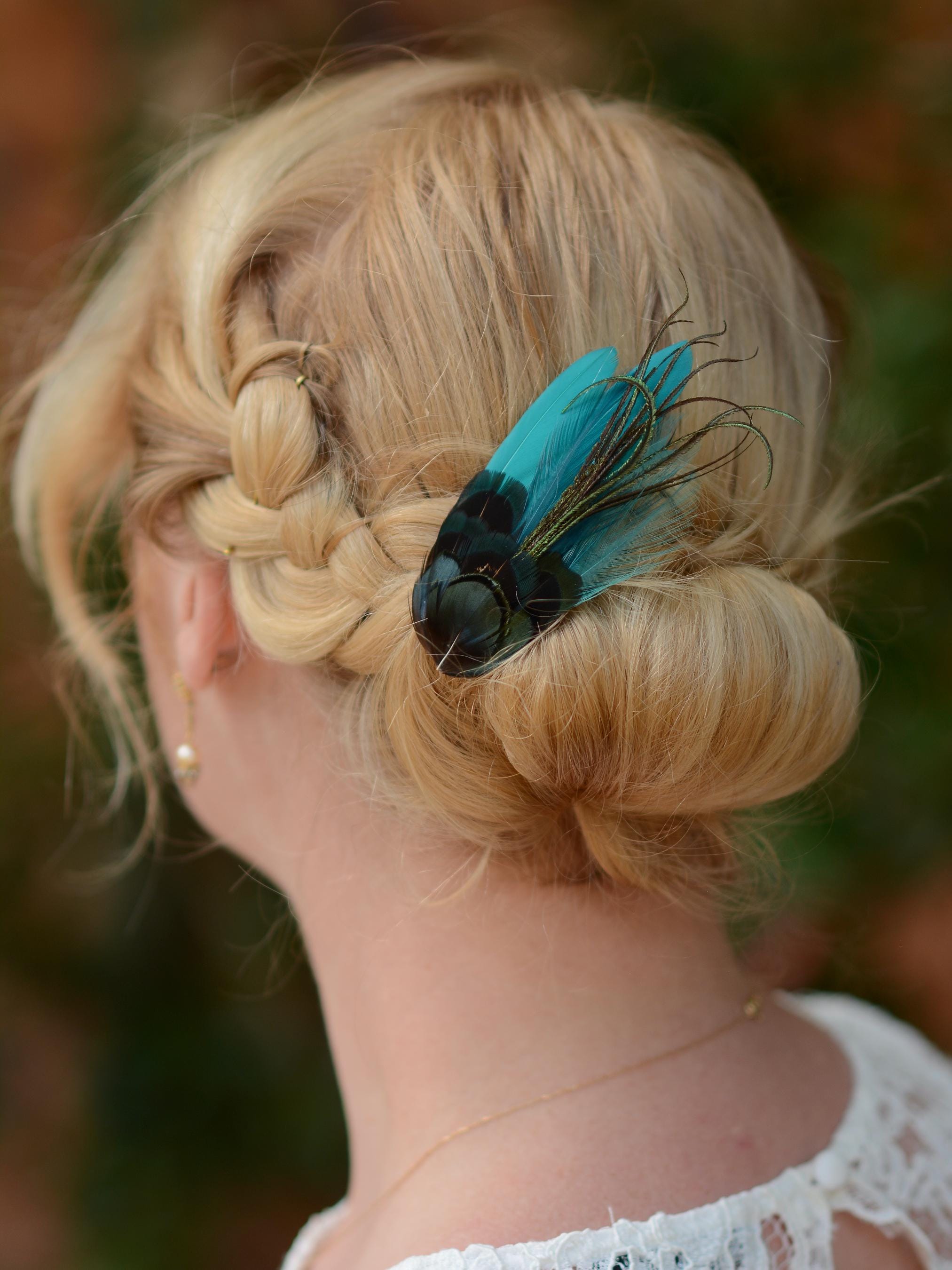 Teal and Green Feather Hair Clip | Pheasant Feather Hair  display picture 1