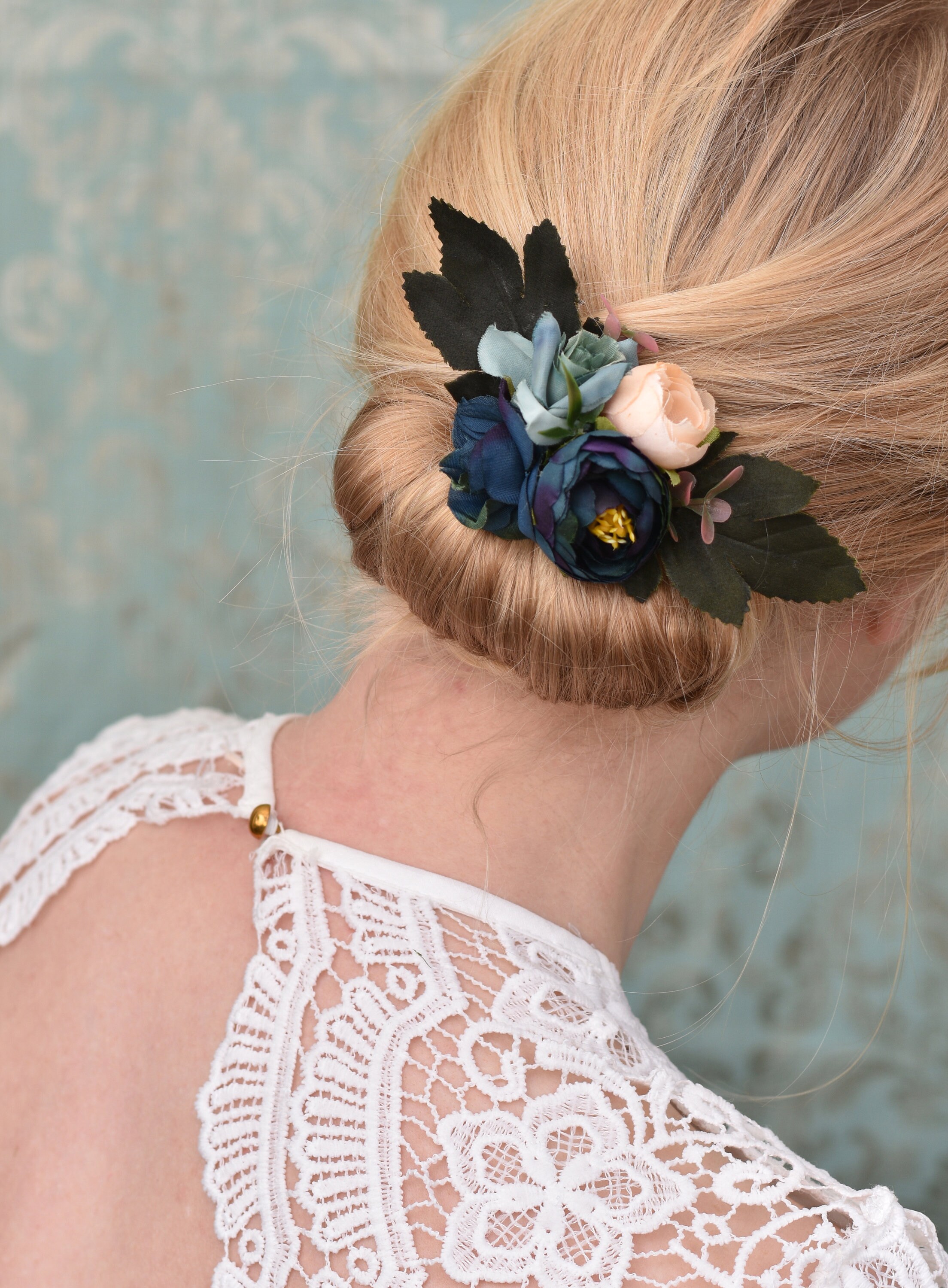 Silk Flower Hair Clip in Navy Blue Roses and Ranunculus