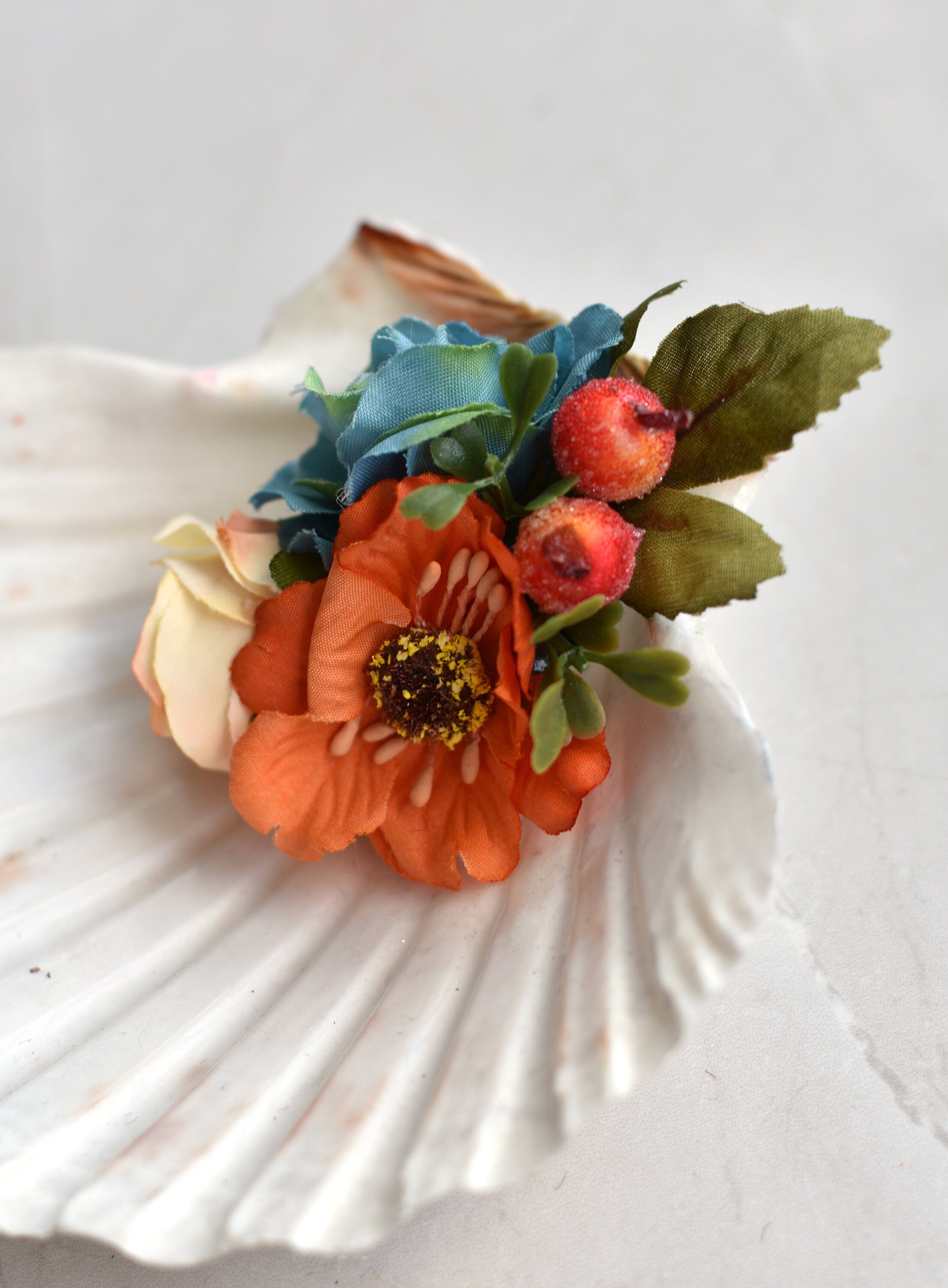 Rose Hair Clip in Blue and Orange Silk Flower Hair Clip Etsy UK
