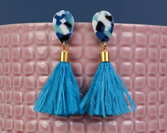 Sky Blue Teardrop Ostrich Feather Tassel Earrings