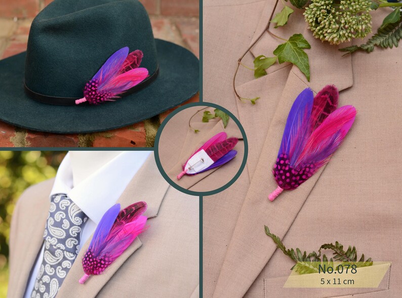 Bright Pink Feather Brooch Hat Pin - Wedding Boutonniere - Grooms Buttonhole No.078