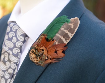 Natural Pheasant Feather Lapel Pin in Copper and Green No.12