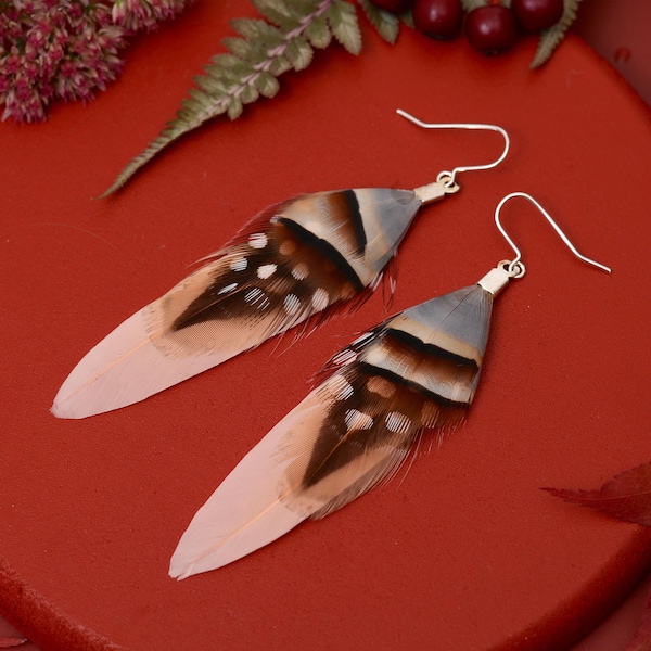 Boho Feather Earrings in Pheasant and blush Pink