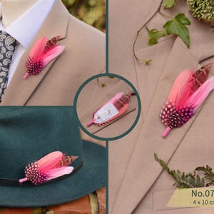 Bright Pink Feather Brooch Hat Pin - Wedding Boutonniere - Grooms Buttonhole No.077