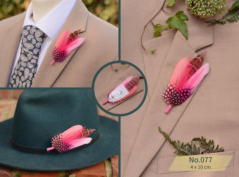 Bright Pink Feather Brooch Hat Pin - Wedding Boutonniere - Grooms Buttonhole No.077