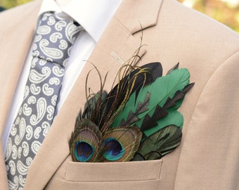 Shades of Black and Green Peacock Feather Pocket Square No.243