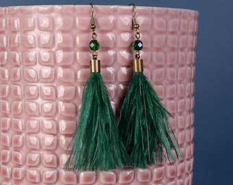 Green and Emerald Ostrich Feather Tassel Earrings