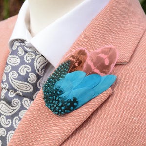 Bright Blue and Pink Feather Pin Small no.157 | Pheasant Feather Boutonniere |  Feather Brooch | Feather Hat Pin
